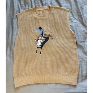 Women's Sweater Vest Large Tan Western Cowboy Embroidery Round Neck Sleeveless
